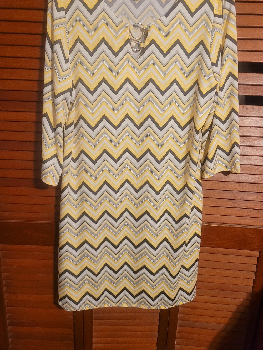 Tacera Yellow, Gray & White Chevron Shift Dress with Ring Detail, Size Large
